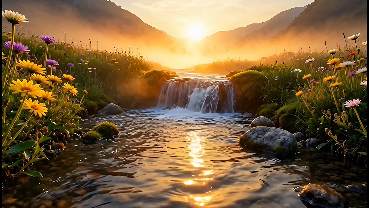 Golden Sunrise Waterfall 🌅 Morning Relaxing Music for Positive Energy