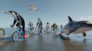 Aquatic Marathon: The Great Oceanic Race. Animals riding bike at the beach [MADE WITH SORA AI]