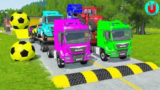 Double Flatbed Trailer Truck vs Speedbumps Train vs Cars | Tractor vs Train Beamng.Drive 044