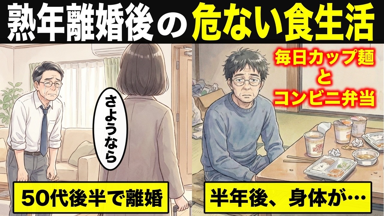 【漫画】熟年離婚、老後の生活がカップ麺・コンビニ弁当ばかりの食生活で、老後に真っ先に変わる体のサイン