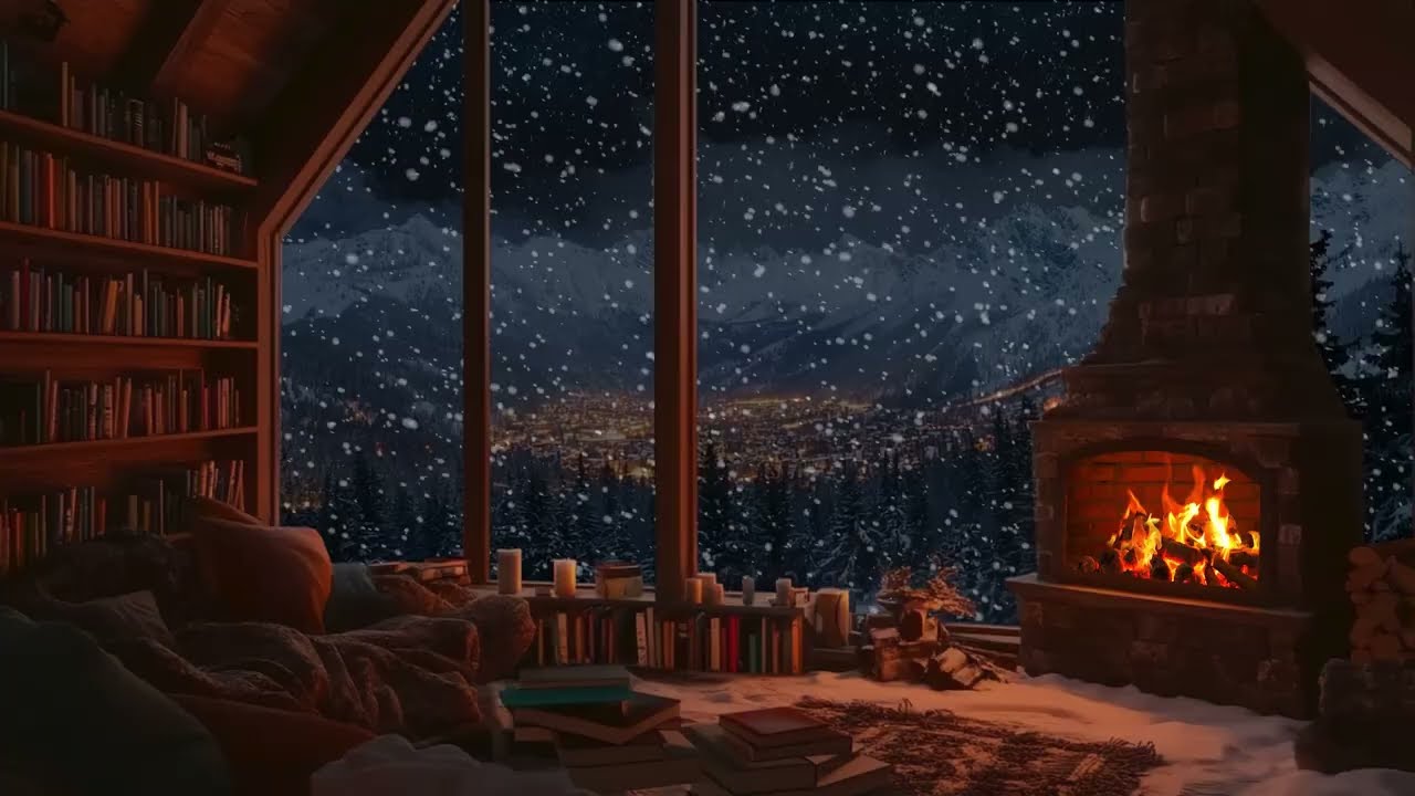 Snowy Winter Cabin Sounds with Soft Piano and Fireplace Ambience for Restful Sleep