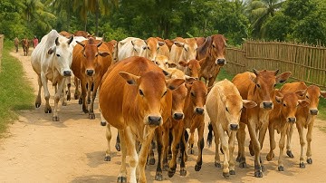 Puluhan Sapi jinak Berjalan Rapi di pagi hari, Suara Sapi Moo, Sapi lucu Berkerumunan di jalan