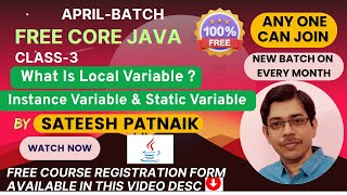 Free Core Java Class 3 | Local Variable | Instance Variable | Static Variable | Class Variable | Apr