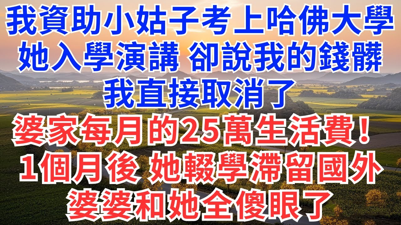 我資助小姑子考上哈佛大學，她入學演講卻說我的錢髒，我直接取消了婆家每月的25萬生活費！一個月後，她輟學滯留國外！婆婆和她全部傻眼了！#慧心家事#為人處世#生活經驗#情感故事#戀愛#情感#婚姻