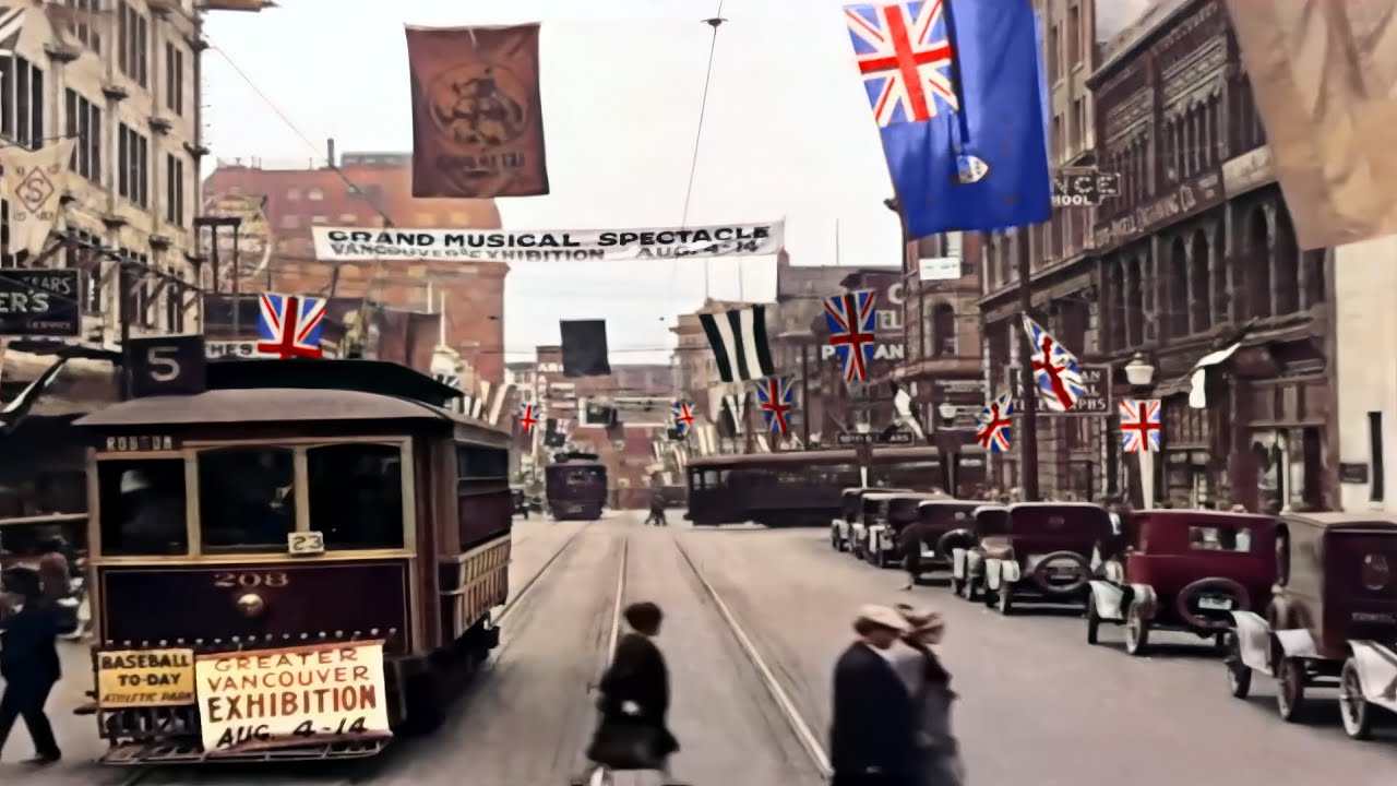Vancouver, Canada 1920s in color [60fps,Remastered] w/sound design added