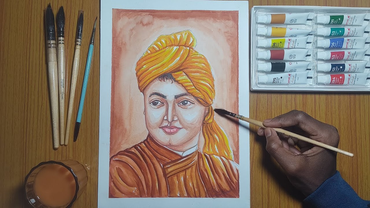 | Swami Vivekananda Portrait Drawing with Water Colour | Step by Step | Colour Painting Art |