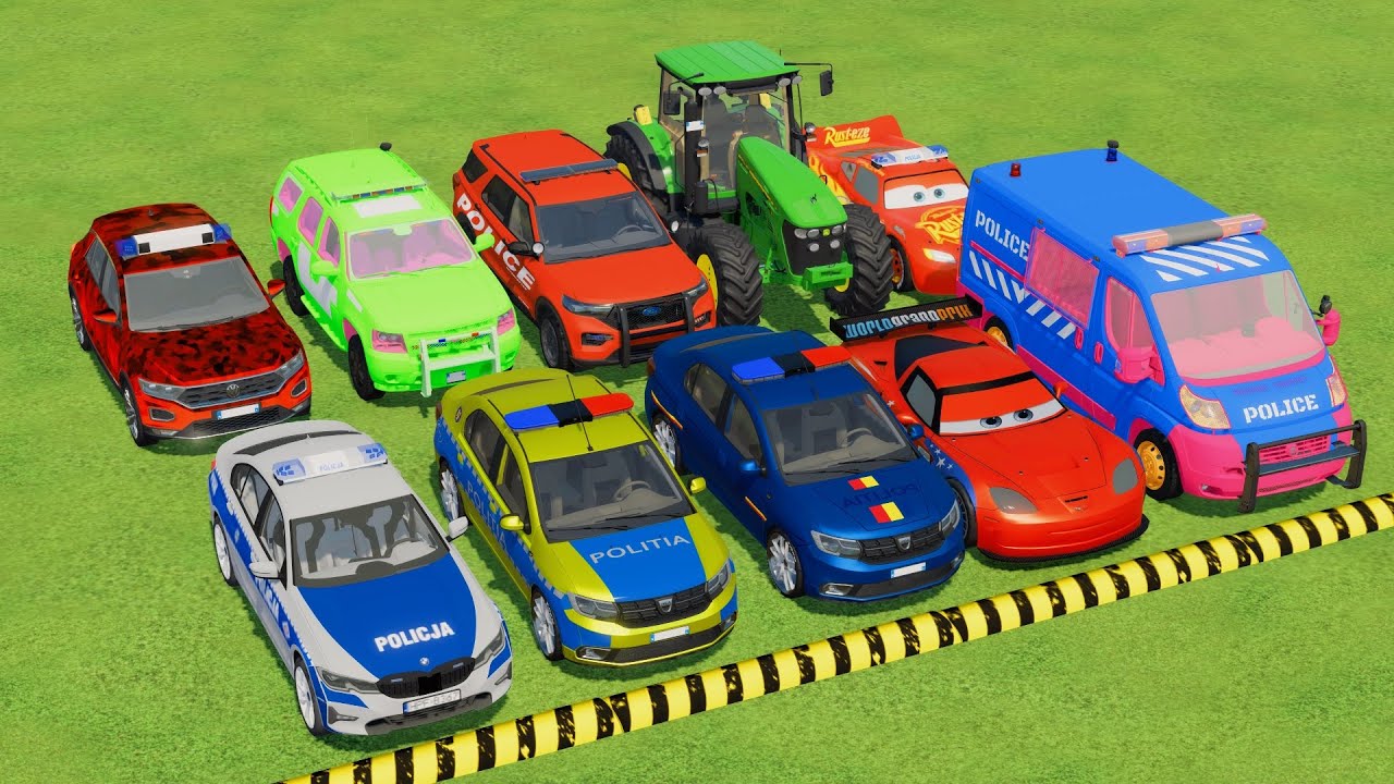TRANSPORTING POLICE CARS, AMBULANCE, FIRE TRUCK, COLORFUL CARS WITH TRAIN - FS22 