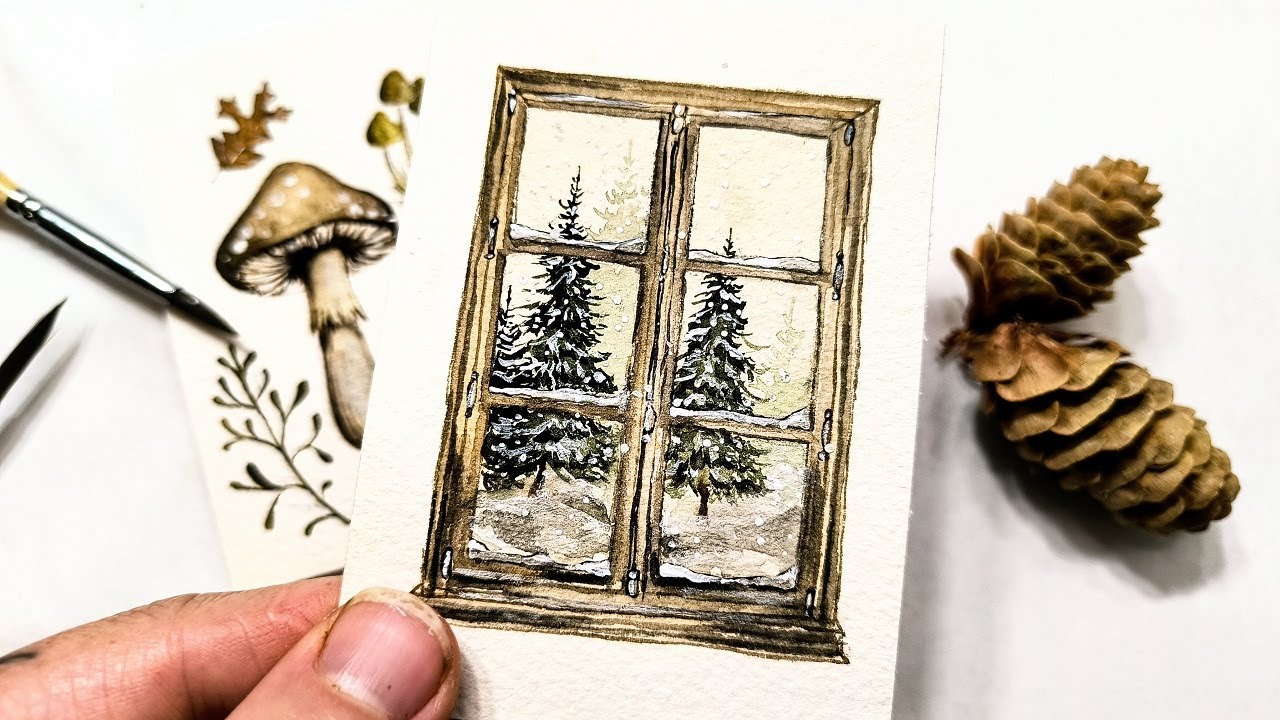 Урок рисования зимнего пейзажа через окно » Идеи для акварельных хвойных растений и праздничных о...