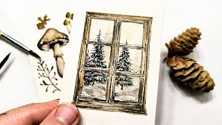Winter scene through window painting tutorial » Watercolor evergreens & DIY Holiday card ideas