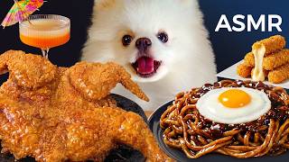 ASMR Mukbang | Yue the Pomeranian Eating Crispy Fried Chicken, Cheese Stick, Black Bean Noodles
