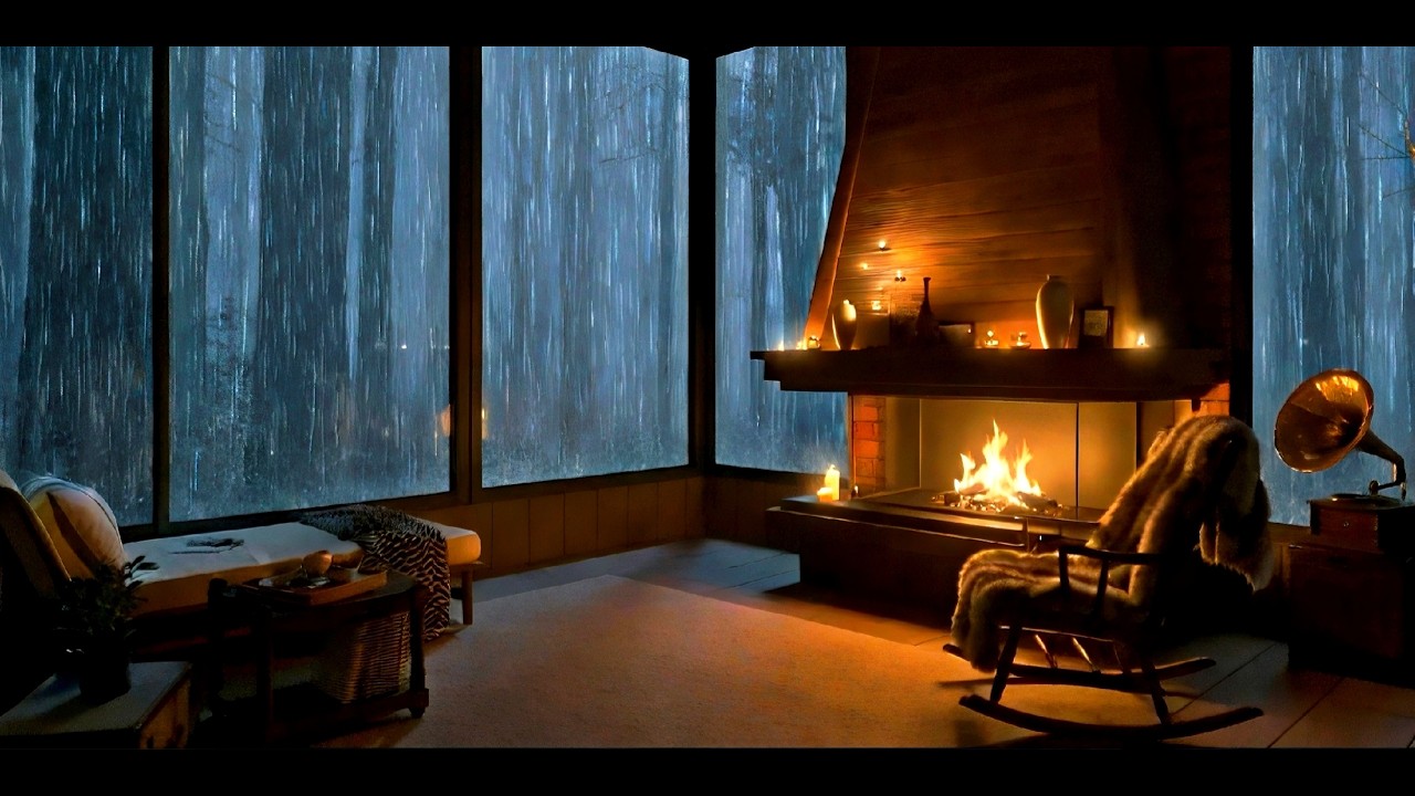 Heavy Rain & Fireplace Sounds: Warm Room in a Forest.