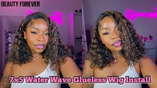 WIG INSTALL IN UNDER 5 MINUTES?!?👀 7x5 GLUELES WATER WAVE WIG * BEGINNER FRIENDLY * FT BEAUTYFOREVER