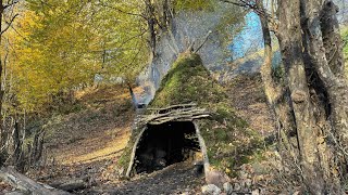Autumn Bushcraft survival & Building Warm Shelter With One Ax, Forest Fruit, Fountain,solo overnight