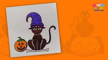 Black Cat with witch hat, How to draw a black cat with witch hat, drawing easy | Halloween