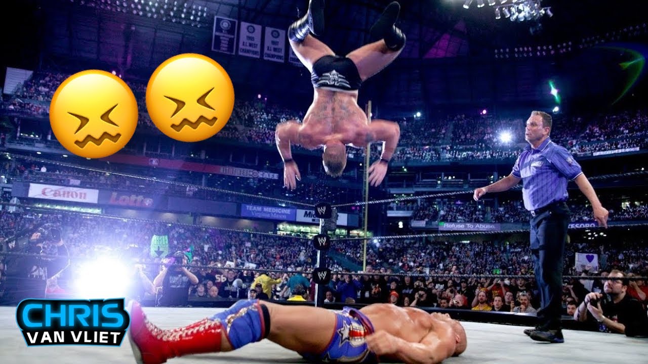 Mike Chioda's reaction to Brock Lesnar's botched shooting star press on Kurt Angle