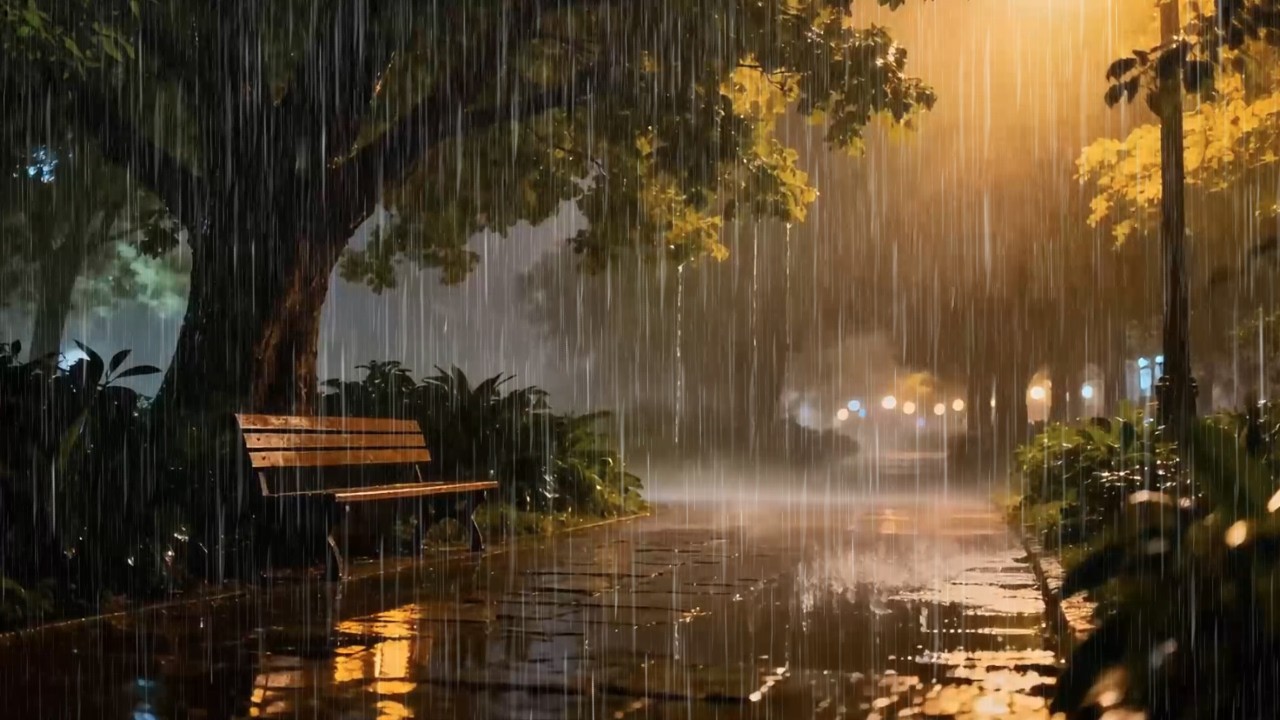 Heavy Rain Sounds at Night Around Vacant Central Park Corridor for Anxiety Relief | Soft Calm Mood