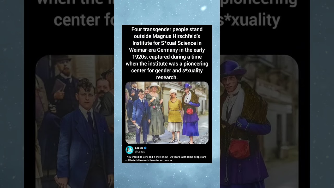 Four transgender people stand outside Magnus Hirschfeld's Institute for S*xual Science in Weimar-era