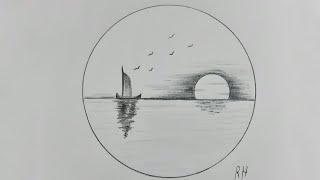 How to draw a landscape in the circle of the plain of the sea and the moonlightرسم منظر طبيعي سهل