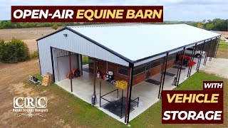 Spacious open-air equine barn with vehicle storage