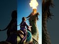 a girl is sitting on a dragon