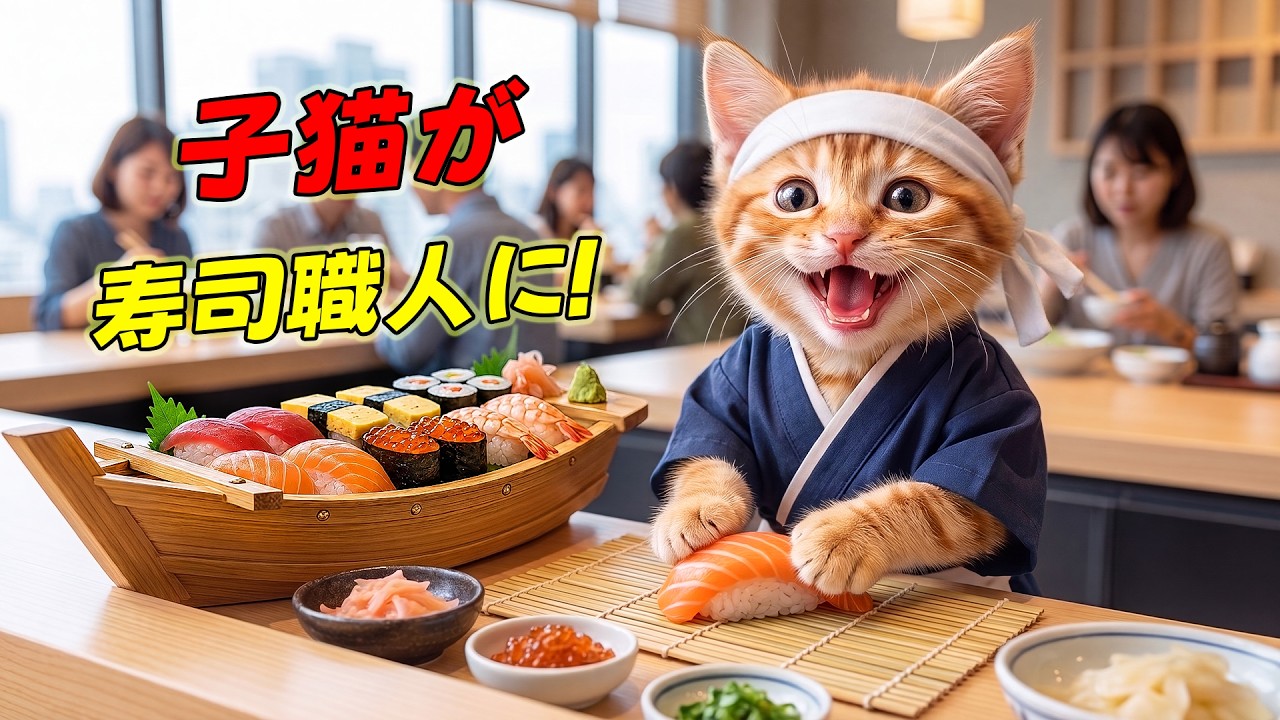 【まさかの展開】可愛い職人姿で高級な握り寿司に挑んだここにゃん...シャリが肉球にくっついて大ピンチになりながらも最高の寿司を完成させた物語🍣✨