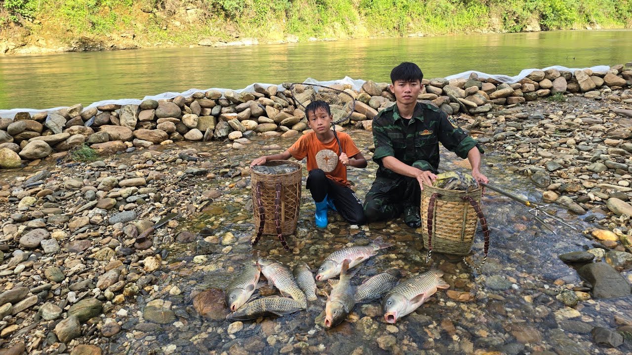 Stack rocks to block the stream to catch fish to sell, one day harvest a bumper crop of fish