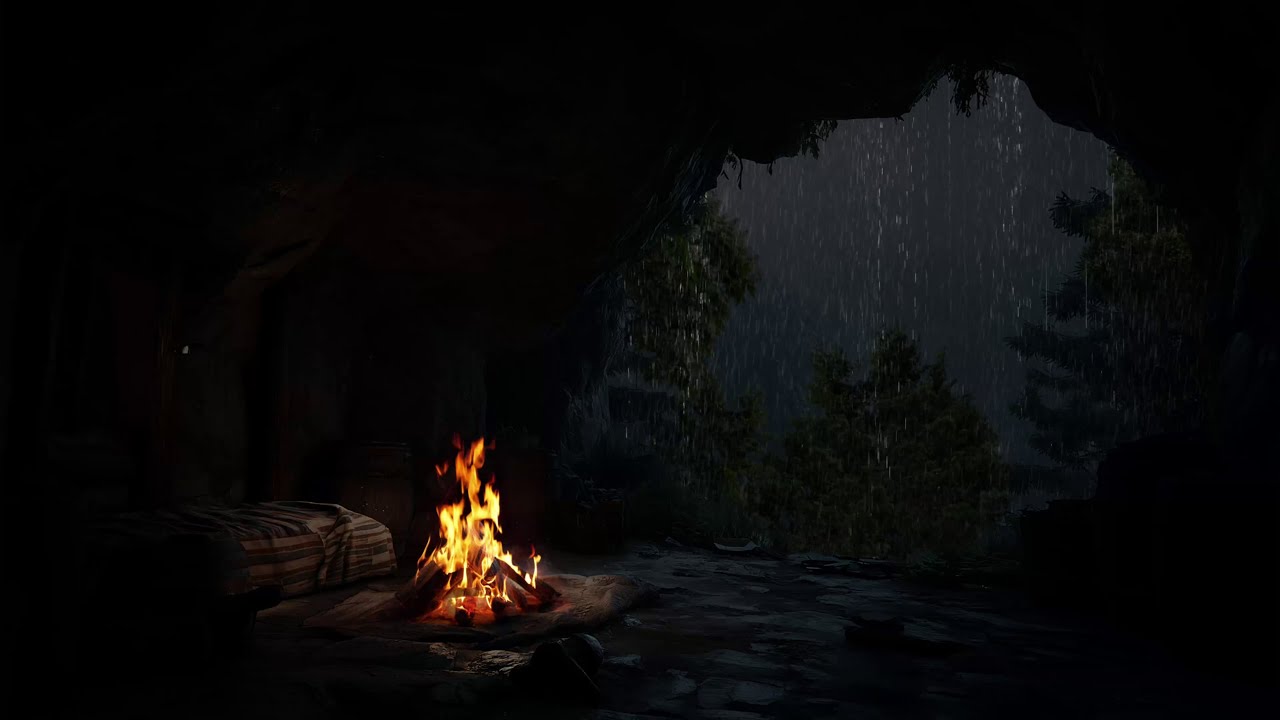 Dormir Em Uma Caverna À Noite, Ouvindo O Som Da Chuva Caindo E O Crepitar Do Fogo