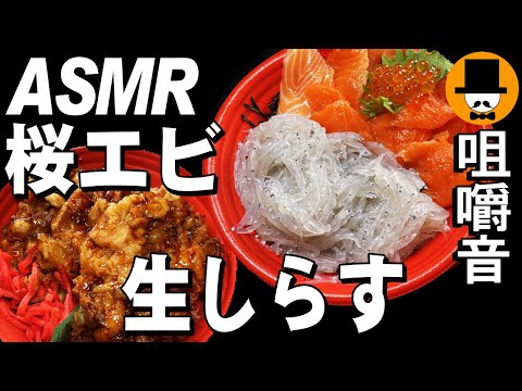 生しらす鮭イクラ丼と桜エビ丼[咀嚼音 飯テロ 動画]カサゴ唐揚げ日清どん兵衛きつねうどんを食べるオヤジJapan