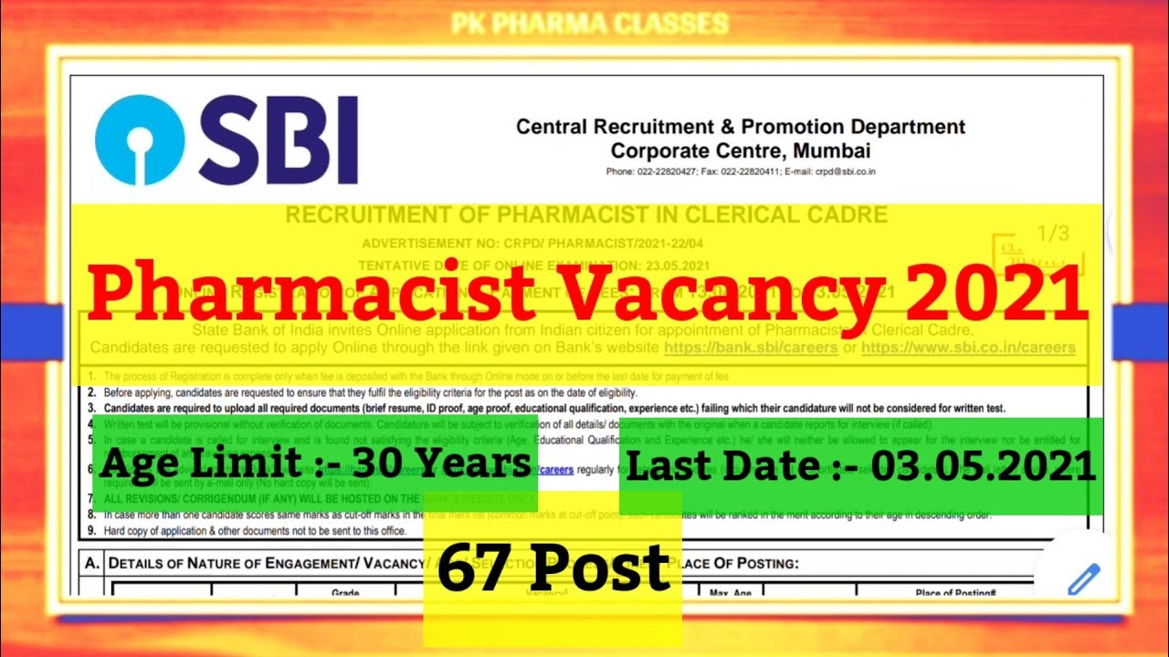 Pharmacist Vacancy 2021 || Pharmacist Recruitment 2021 || Pharmacist SBI Recruitment 2021 ||PkPharma