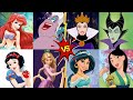 Maléfica, La Reina Malvada, Mulan y Jasmin vs Ursula, Blancanieves, Rapunzel y Ariel