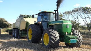 John Deere 4955 working in the field baling w/ Krone BigPack 4X4 High-Speed Baler | Harvest 2020