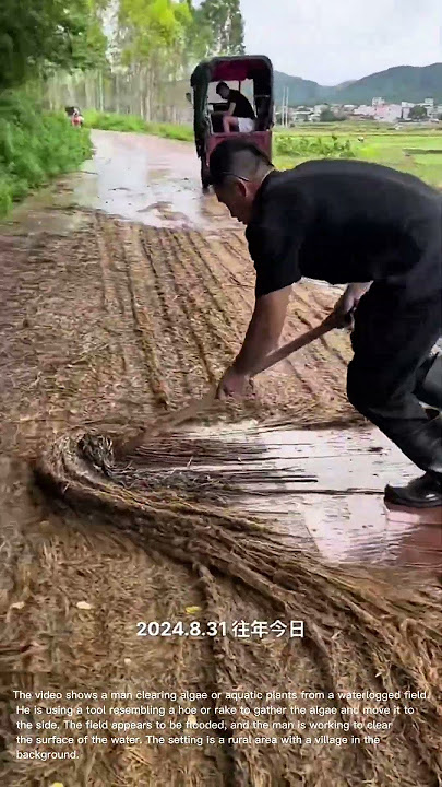 Algae Removal: Man Clears Waterlogged Field with Traditional Tools
