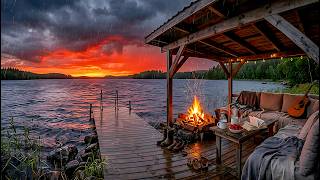 🔴No Ads | Soothing Rain for Sleeping 🌧️ | Stormy Sunset Lakeside Deck Campfire 🔥
