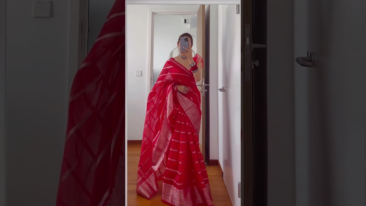 Red Hot Kora Organza Saree With Jacquard Weaving ❤️