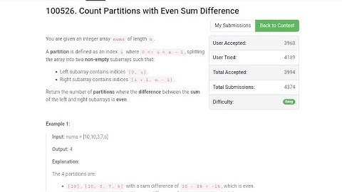 100526. Count Partitions with Even Sum Difference solution code||  Weekly Contest 434 #leetcode