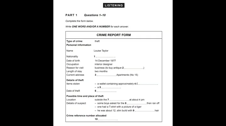  Crime Report Form| type of crime theft Louise Taylorr with Answers| Listening practice test 9
