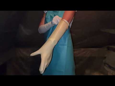 Nurse Alexa wearing Heavy Transparent Rubber Gloves and an Apron.