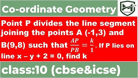 Point P divides line segment A (-1,3)& B(9,8) such that 𝑨𝑷/𝑷𝑩=𝒌/𝟏. If P lies on line x–y+2=0, find k