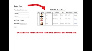 Upload,Display and Delete photo from MySQL database with PHP and HTML
