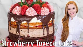 EPIC Strawberry Tuxedo Cake Recipe - with NO-BAKE Cheesecake & Chocolate Ganache!