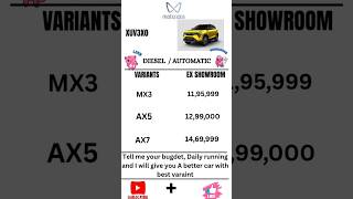 MAHINDRA XUV3X0 DIESEL AUTOMATIC VARIANTS EX SHOWROOM PRICE