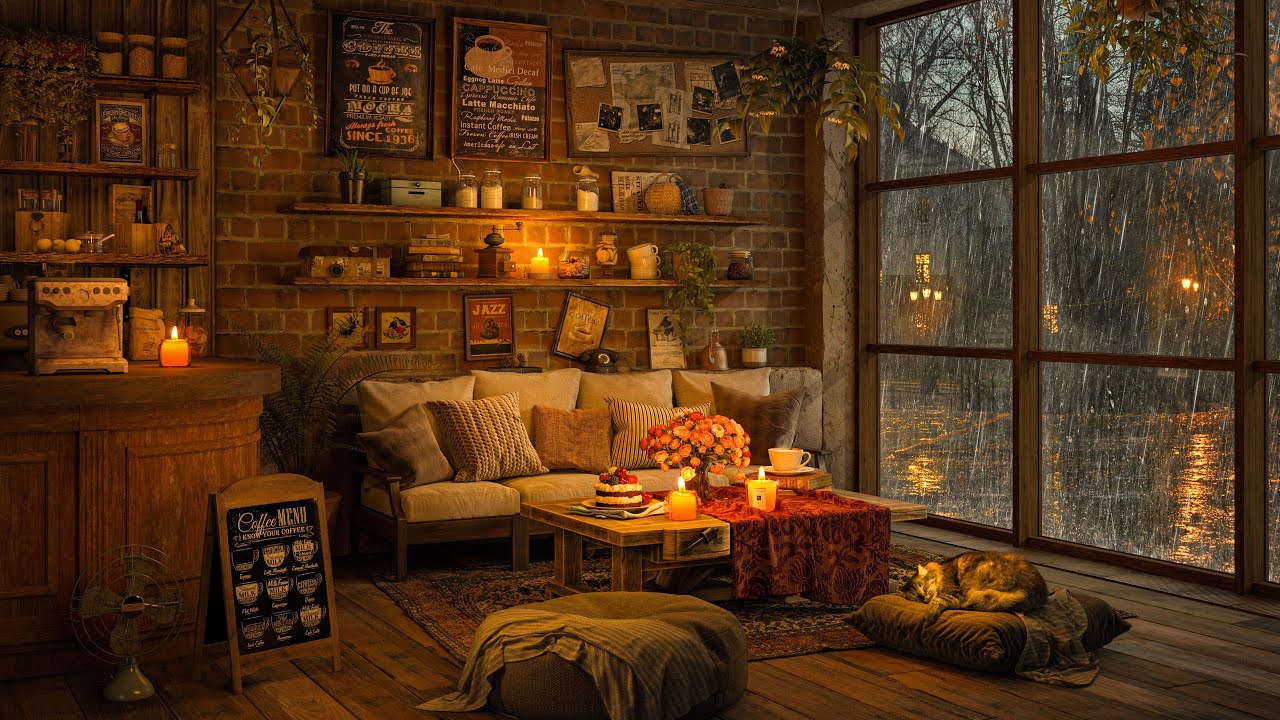 A Rainy Day in Cozy Coffee Shop 🌨️ Smooth Jazz Music, Relaxing Rain ...