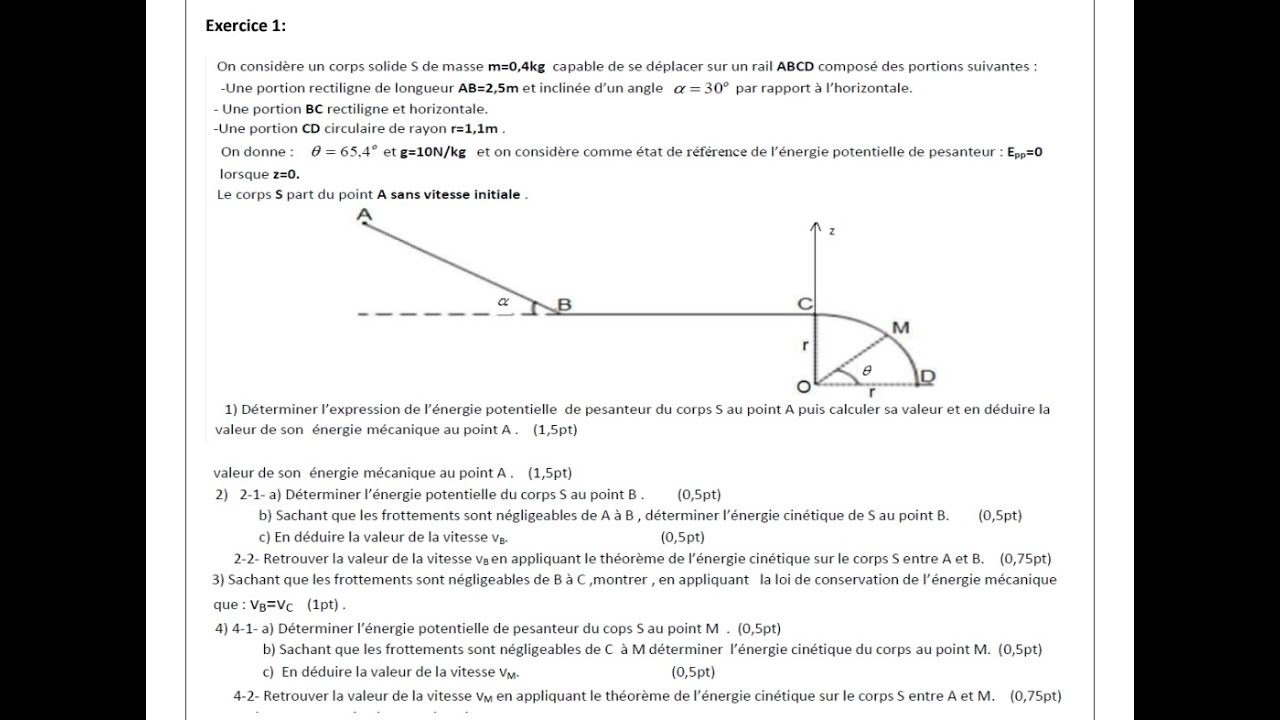 Exercice corrigé ( énergie potentielle et énergie mécanique) 1bac biof