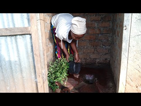 African village life cleaning pit latrine using Lantana & Ash