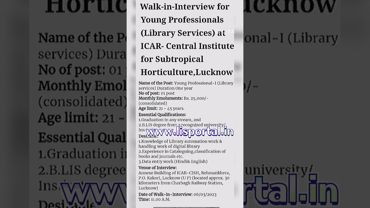 Walk-in-Interview for Young Professionals (Library Services) at ICAR- CISH