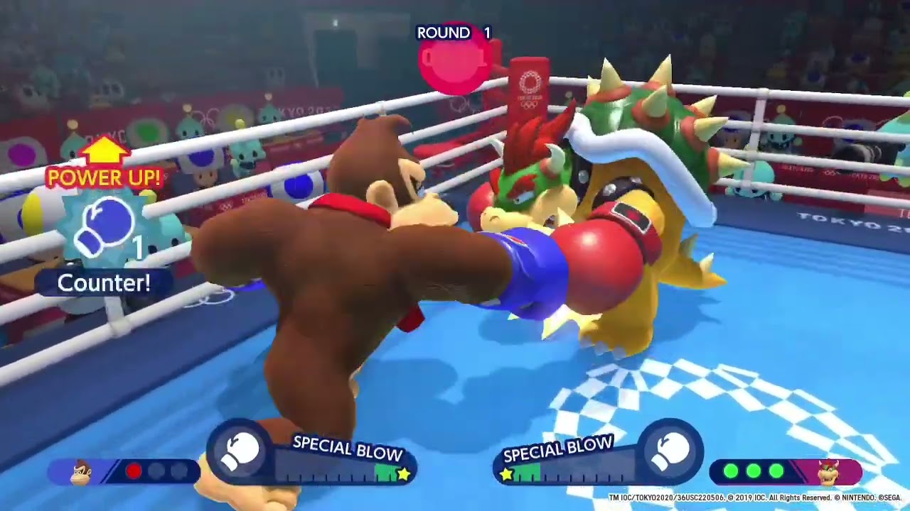 Mario and Sonic at the Tokyo Olympic Games boxing gameplay : donkey kong vs bowser