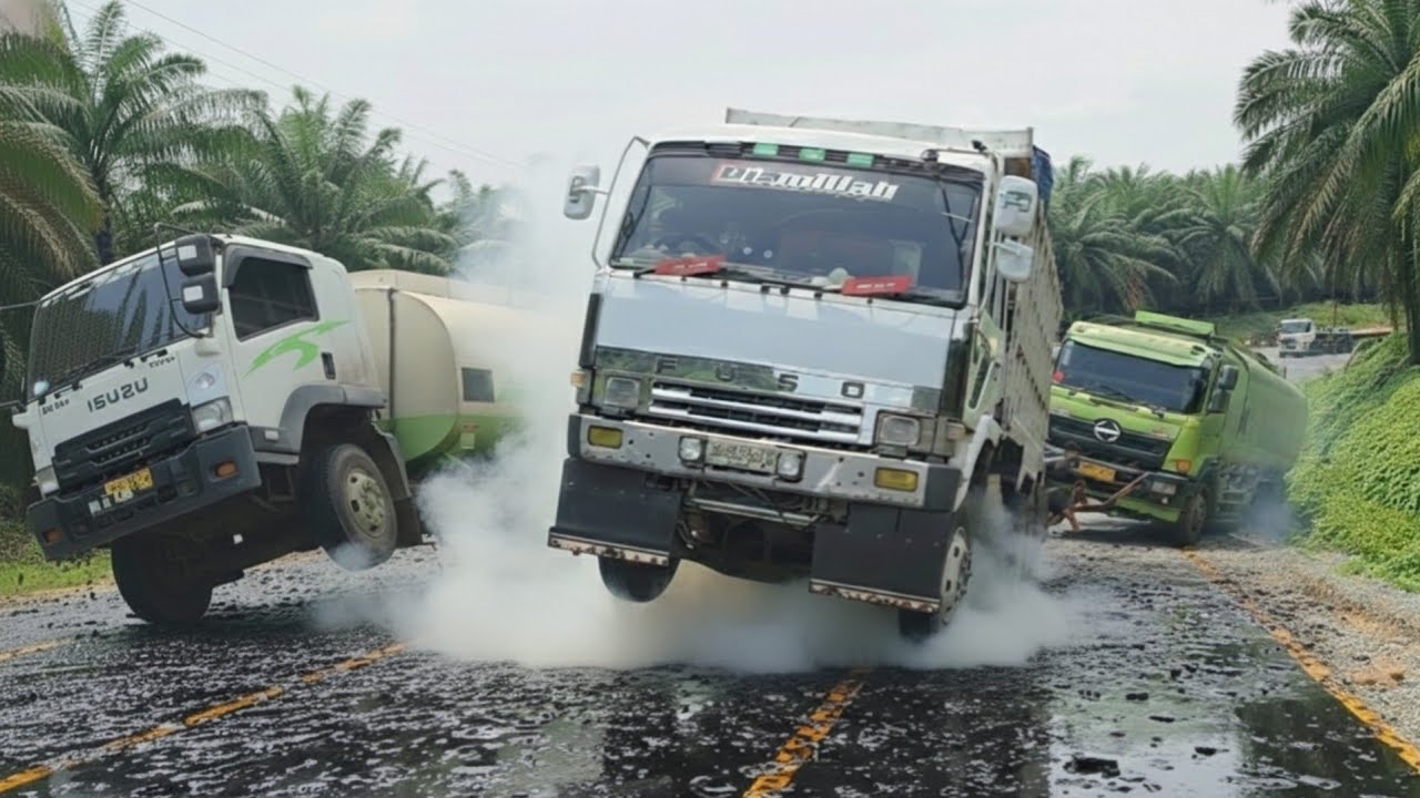 Detik Detik Truck Rem Blong || Sampai 6 Truck Tarik Truk CPO Nyaris Masuk Parit Gajah Di Bukit Kodok