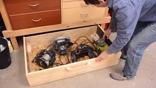 Making a drawer using some old rollerskate wheels to go under a workbench. Handy for storing power tools and bulky heavy ...