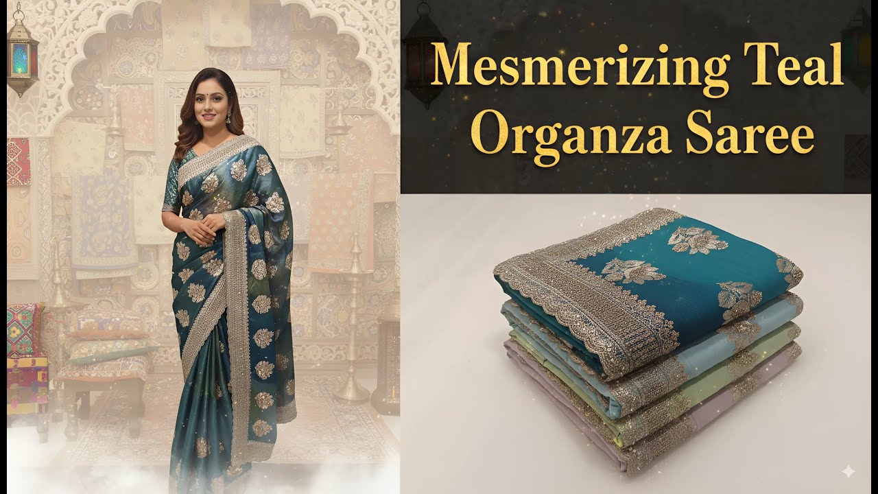 Mesmerizing Teal Organza Saree Stone Work & Cut Work Border | Elegant Teal-Grey Color Combination