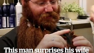 This man surprises his wife by shaving his beard for the first time in three years! 